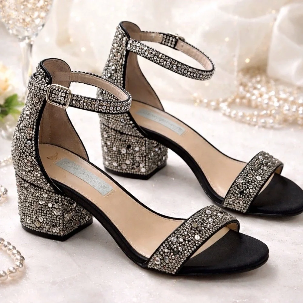 Betsey Johnson Mari Black Heel Sz 6.5 Ankle Strap Sandal Rhinestone Glam